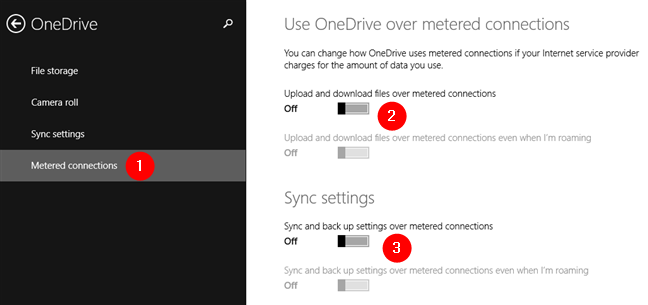 Desactive todas las configuraciones de OneDrive para conexiones medidas