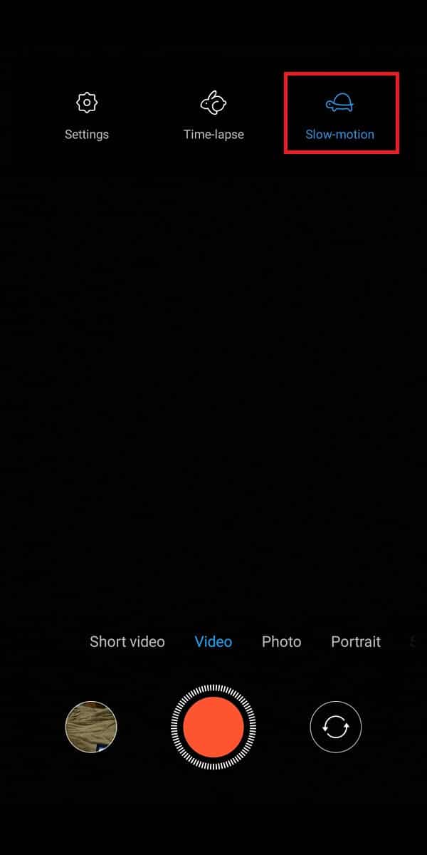 Busque la opción Cámara lenta en la opción Cámara de video predeterminada. | ¿Cómo grabar videos en cámara lenta en cualquier teléfono Android?