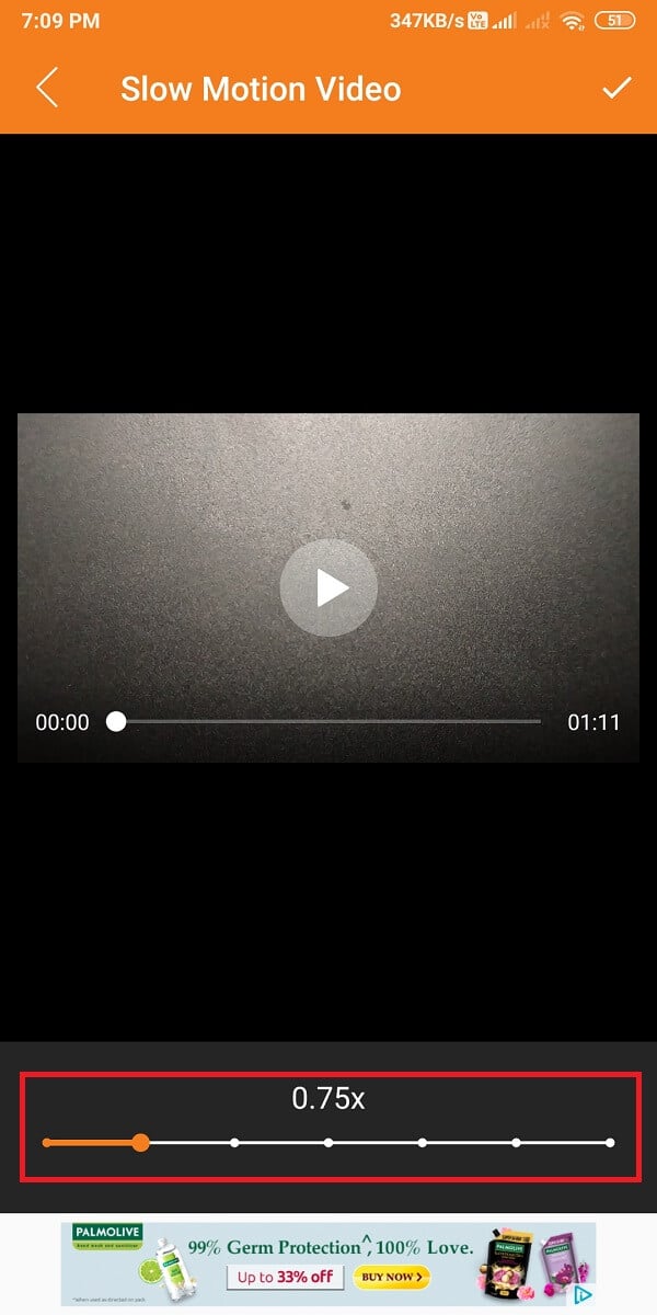 Ahora, arrastre el control deslizante de velocidad desde la parte inferior y configure la velocidad de cámara lenta para el video.