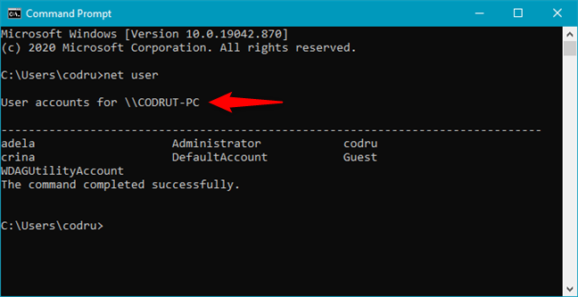 Ejecute net user para que Windows CMD muestre a los usuarios
