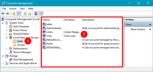 Lista de usuarios de Windows que se muestra en Administración de equipos