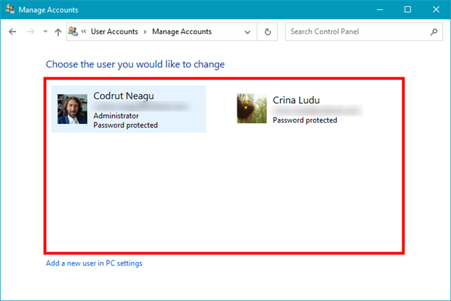 El Panel de control muestra la lista de usuarios en una computadora con Windows