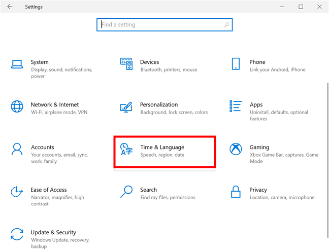 En Configuración de Windows 10, acceda a Hora e idioma