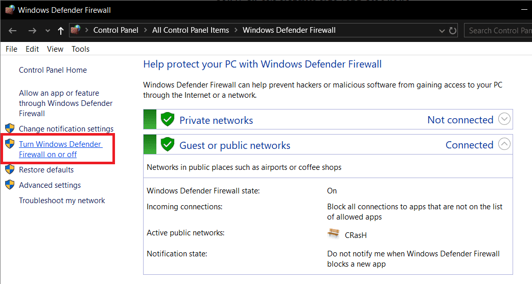 Haga clic en Activar o desactivar el Firewall de Windows Defender en el lado izquierdo de la ventana del Firewall.