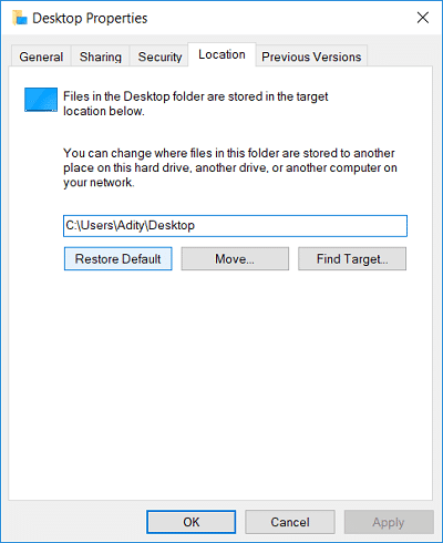 Cambie a la pestaña Ubicación en Propiedades del escritorio y luego haga clic en Restaurar predeterminado