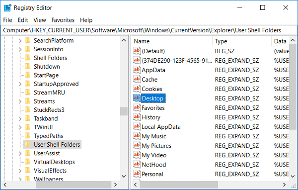 Seleccione Carpetas de shell de usuario y luego haga doble clic en la tecla Escritorio