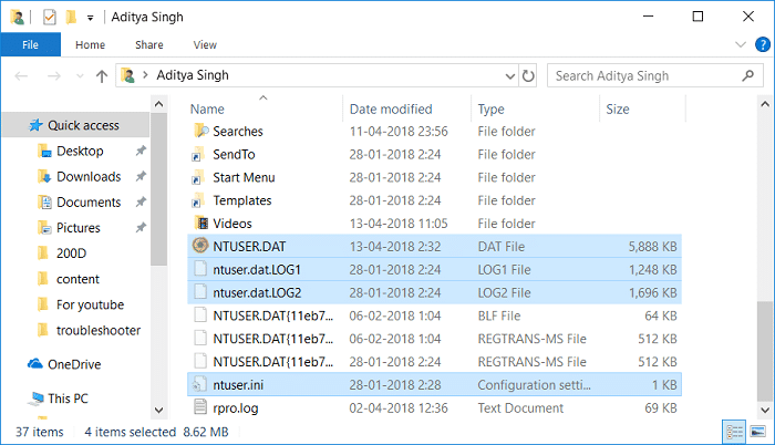 Copie los siguientes archivos NTUSER.DAT, ntuser.dat.log y ntuser.ini