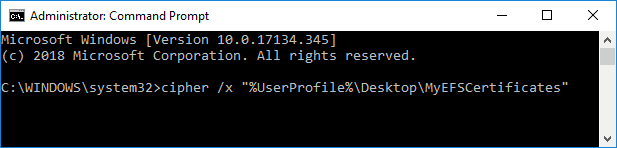 Ingrese el siguiente comando en cmd para hacer una copia de seguridad de sus certificados y clave EFS