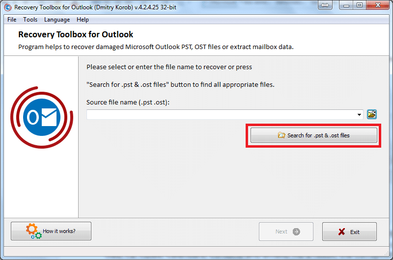 Haga clic en Buscar archivos .pst y .ost
