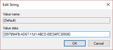 Asegúrese de haber configurado los datos del valor en el valor predeterminado {09799AFB-AD67-11d1-ABCD-00C04FC30936}