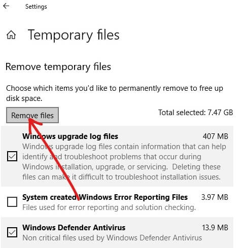 Haga clic en Eliminar archivos |  Eliminar archivos temporales en Windows 10