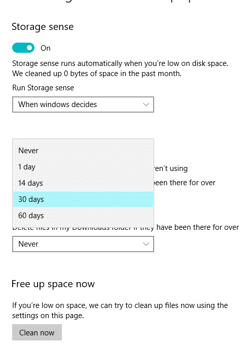 Elija el número de días haciendo clic en el menú desplegable |  Eliminar archivos temporales en Windows 10