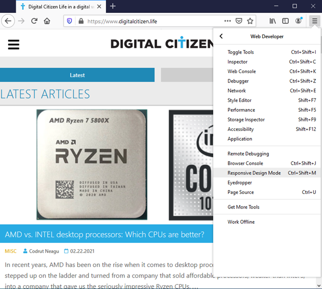 Elija el modo de diseño receptivo en Firefox
