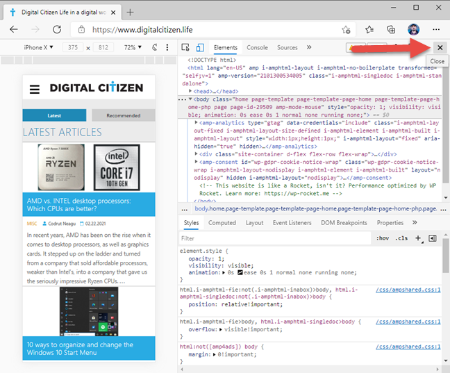 Cierre el emulador de navegador móvil en Microsoft Edge
