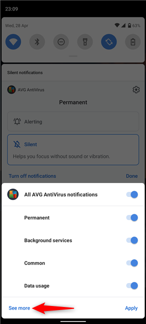 Toca Ver más para acceder a la configuración de notificaciones de una aplicación.
