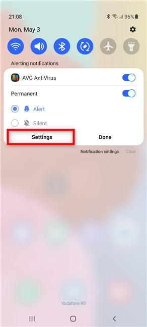Acceda a la configuración desde la notificación ampliada