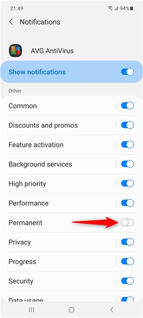 Deshabilitar el interruptor para notificaciones permanentes