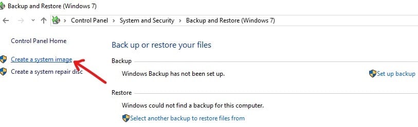 Haga clic en Crear una imagen del sistema en la esquina superior izquierda