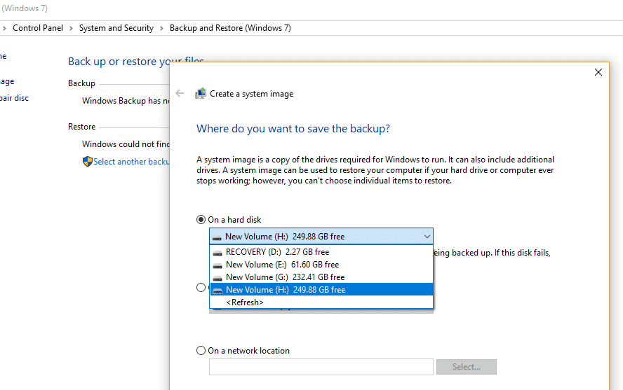 Elija la unidad en la que desea crear la copia de seguridad usando el menú desplegable