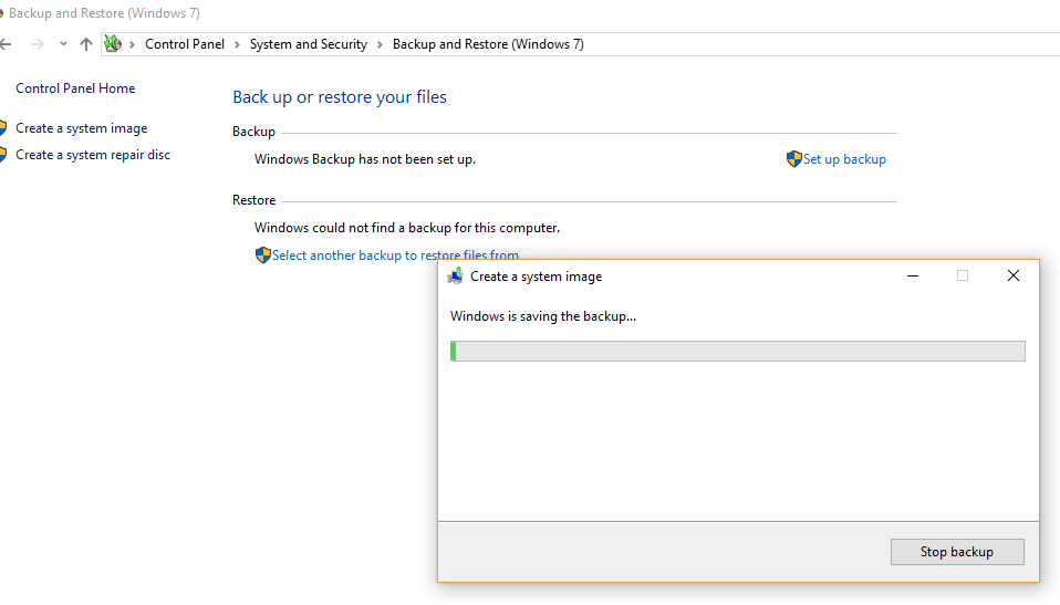 Aparecerá un cuadro de diálogo de Windows está guardando la copia de seguridad