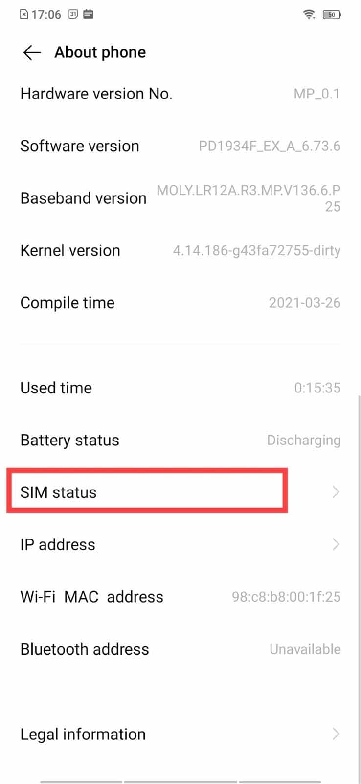 Haga clic en Estado o Estado de SIM