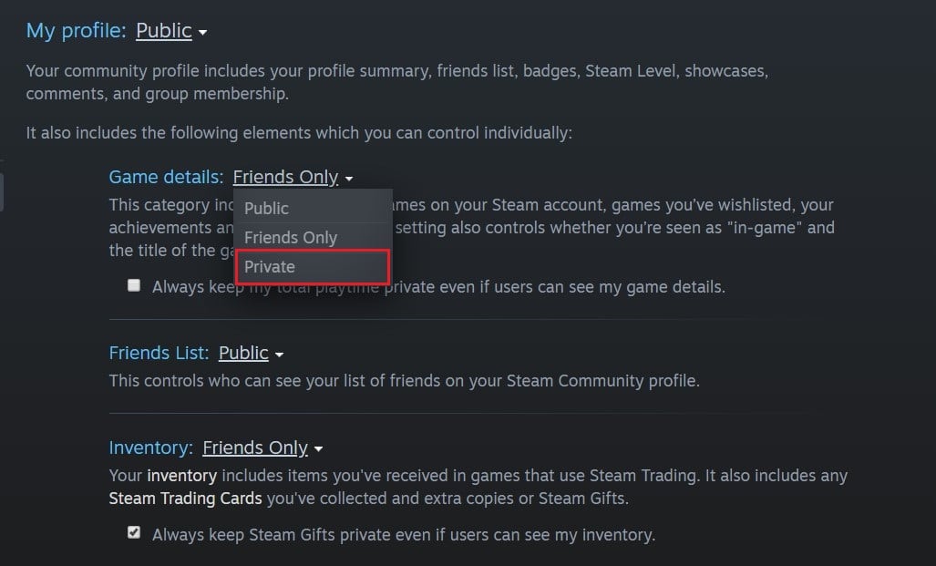 En la página Mi perfil, cambie los detalles del juego de solo amigos a privado