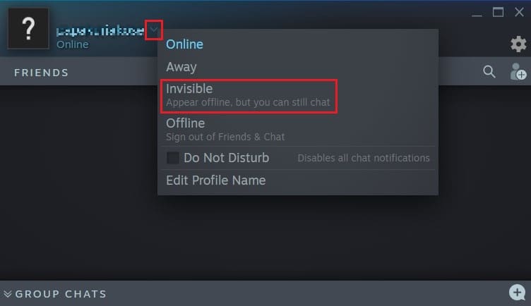 Haga clic en la flecha al lado de su nombre de perfil y seleccione invisible o fuera de línea | Cómo ocultar la actividad de Steam de los amigos