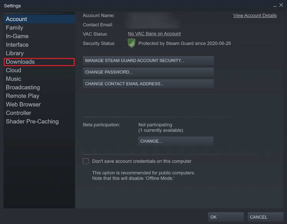 En el panel de configuración, haga clic en descargas