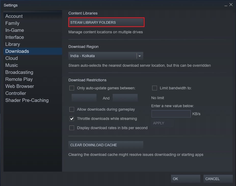 Haga clic en Carpetas de la biblioteca de Steam | Solucione el error de disco corrupto de Steam en Windows 10