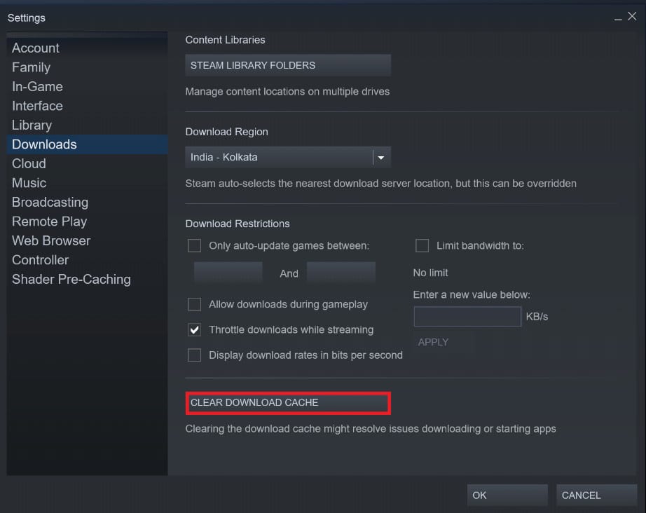 Haga clic en Borrar caché de descarga | Solucione el error de disco corrupto de Steam en Windows 10