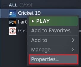 Haga clic derecho en el juego y seleccione propiedades | Solucione el error de disco corrupto de Steam en Windows 10
