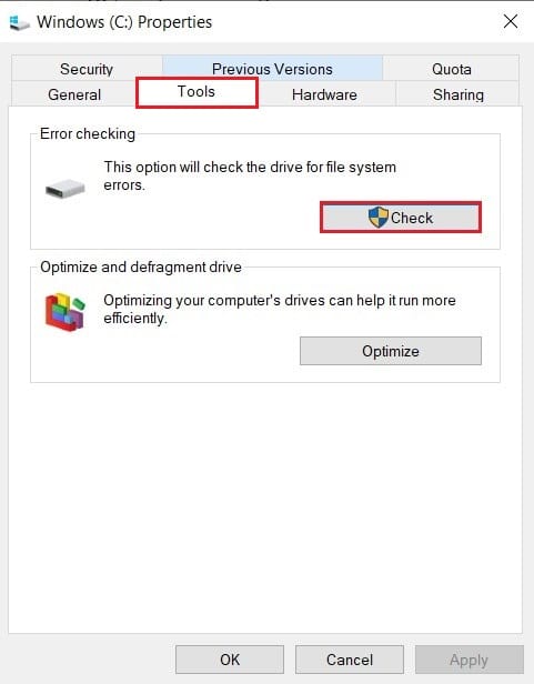 Haga clic en verificar delante de verificar la unidad para ver si hay errores en el sistema de archivos