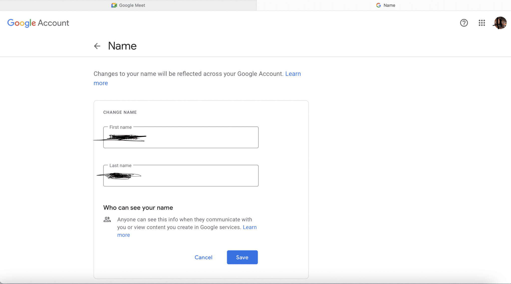 Haga clic en Guardar.  Nombre para mostrar de Google Meet