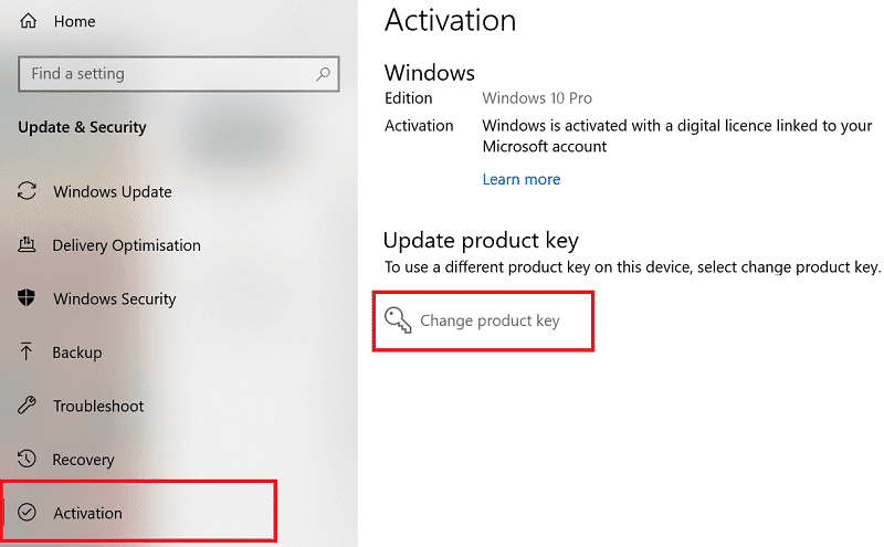 haga clic en Activación. Luego haga clic en Cambiar clave o Activar Windows usando una clave