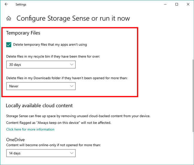Opciones de limpieza de archivos temporales en Storage Sense de Windows 10