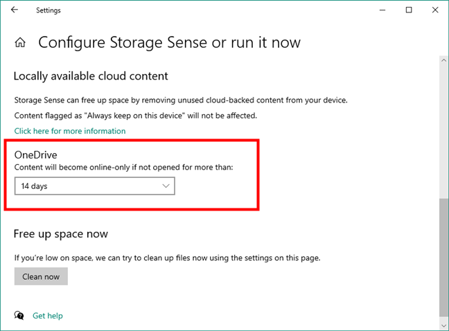 Opciones de limpieza de OneDrive en Storage Sense de Windows 10