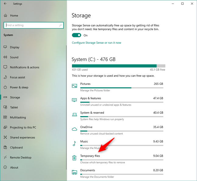 Uso del almacenamiento de archivos temporales en Windows 10