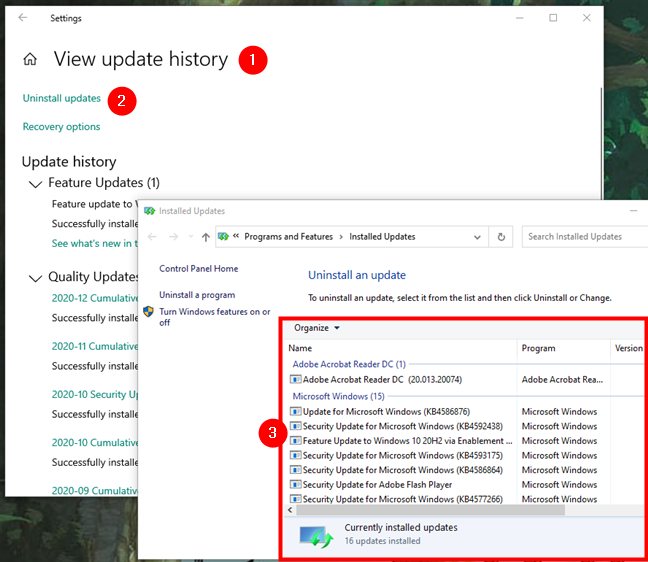 Desinstalar actualizaciones de Windows 10