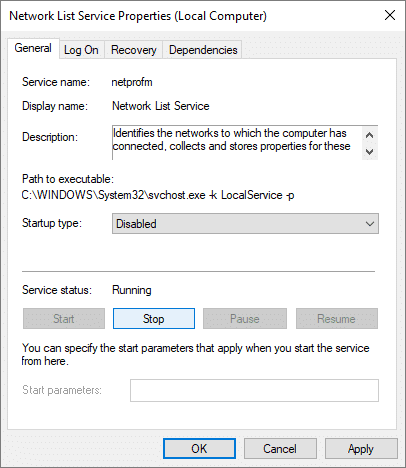 Asegúrese de haber configurado el tipo de inicio en Deshabilitado para el servicio netlist y haga clic en Detener