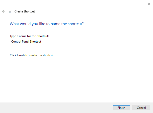 Asigne un nombre a este acceso directo como acceso directo del Panel de control y haga clic en Siguiente