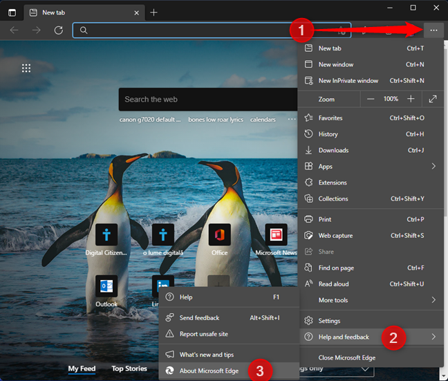 Abra el menú Configuración y busque la entrada Acerca de Microsoft Edge