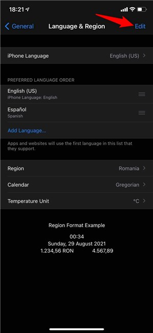 Presione Editar para cambiar el idioma del iPhone
