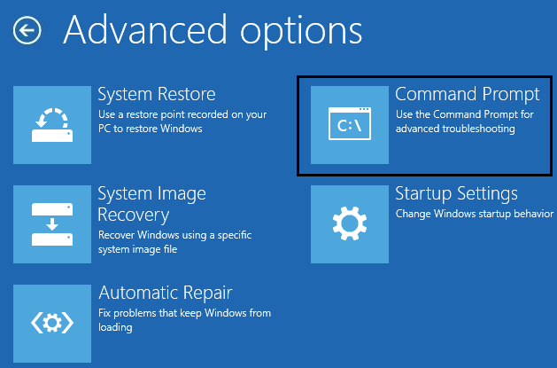 Símbolo del sistema desde opciones avanzadas | Solucione el error BSOD 0xc000021a en Windows 10