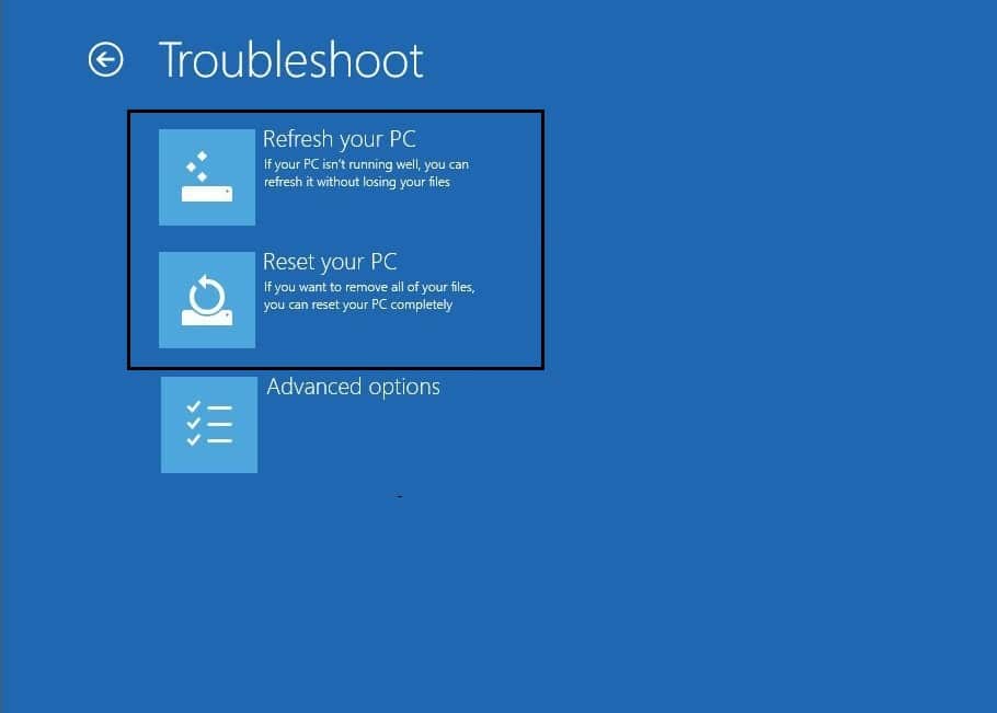 seleccione actualizar o restablecer su Windows 10 | Solucione el error BSOD 0xc000021a en Windows 10