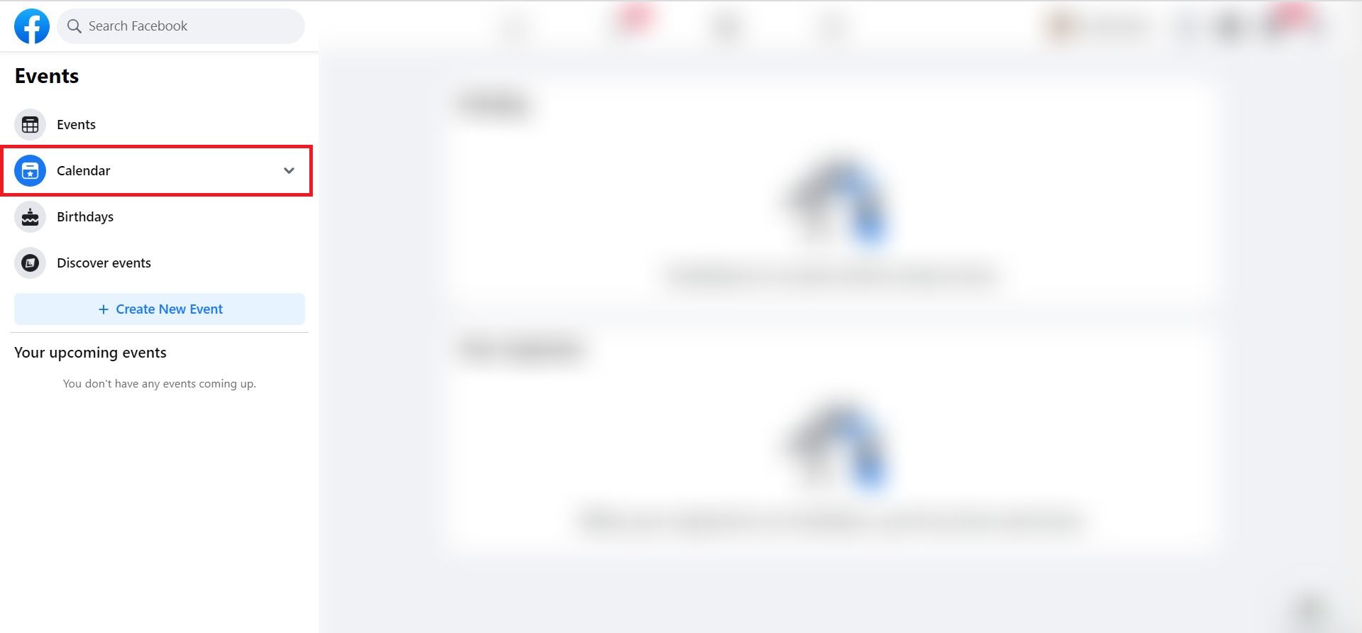 haciendo clic en la pestaña Calendario que se encuentra debajo de la opción Eventos | ¿Cómo encontrar cumpleaños en la aplicación de Facebook?