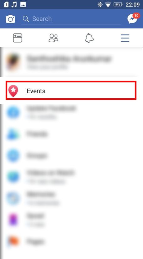 Esto abrirá la lista de opciones que incluyen Eventos.