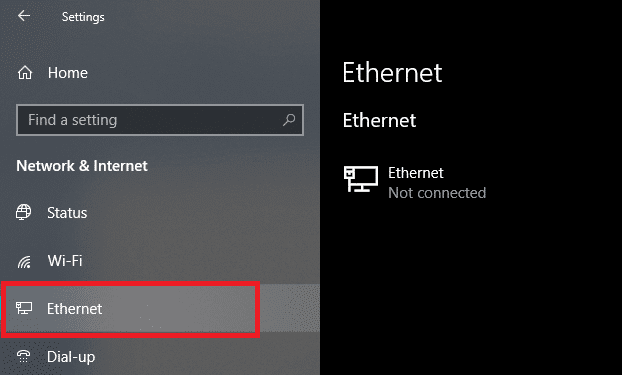 Ahora asegúrese de seleccionar la opción Ethernet en el panel de la ventana izquierda