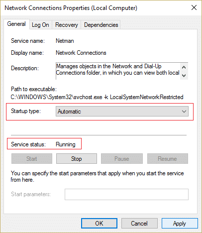 Asegúrese de que el Tipo de inicio esté configurado en Automático y haga clic en Iniciar si el servicio no se está ejecutando