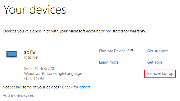haga clic en eliminar computadora portátil en el dispositivo de Windows