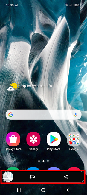La notificación de captura de pantalla de Samsung se muestra en la parte inferior de la pantalla